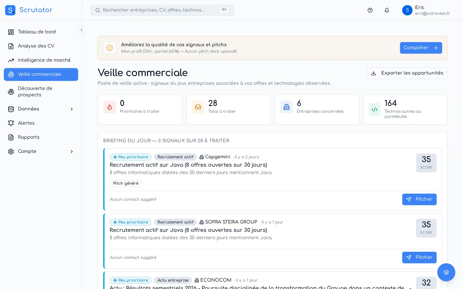 Veille commerciale de Scrutator : signaux du jour, entreprises actives et technologies suivies
