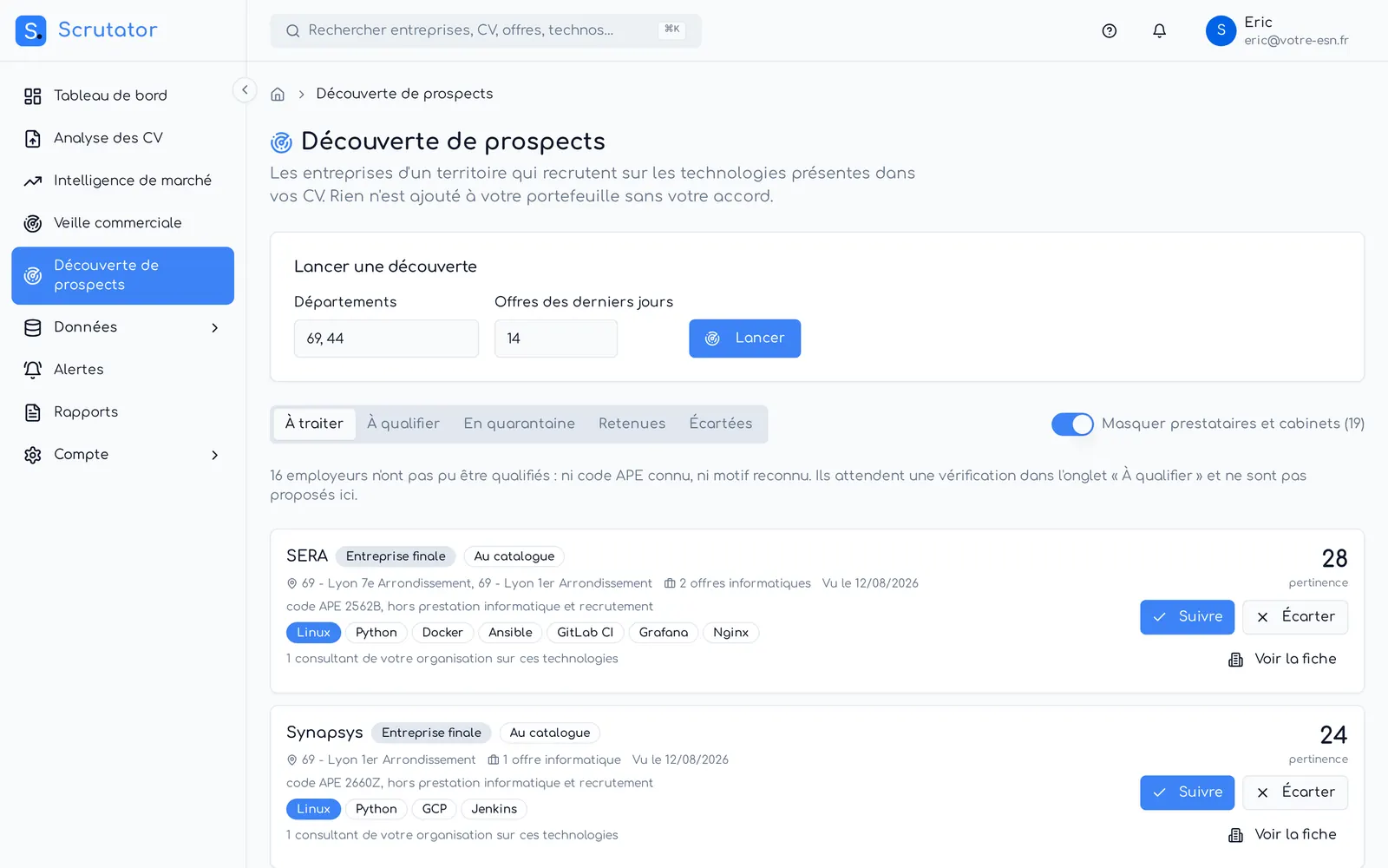 Découverte de prospects : entreprises d'un territoire qui recrutent sur vos technologies