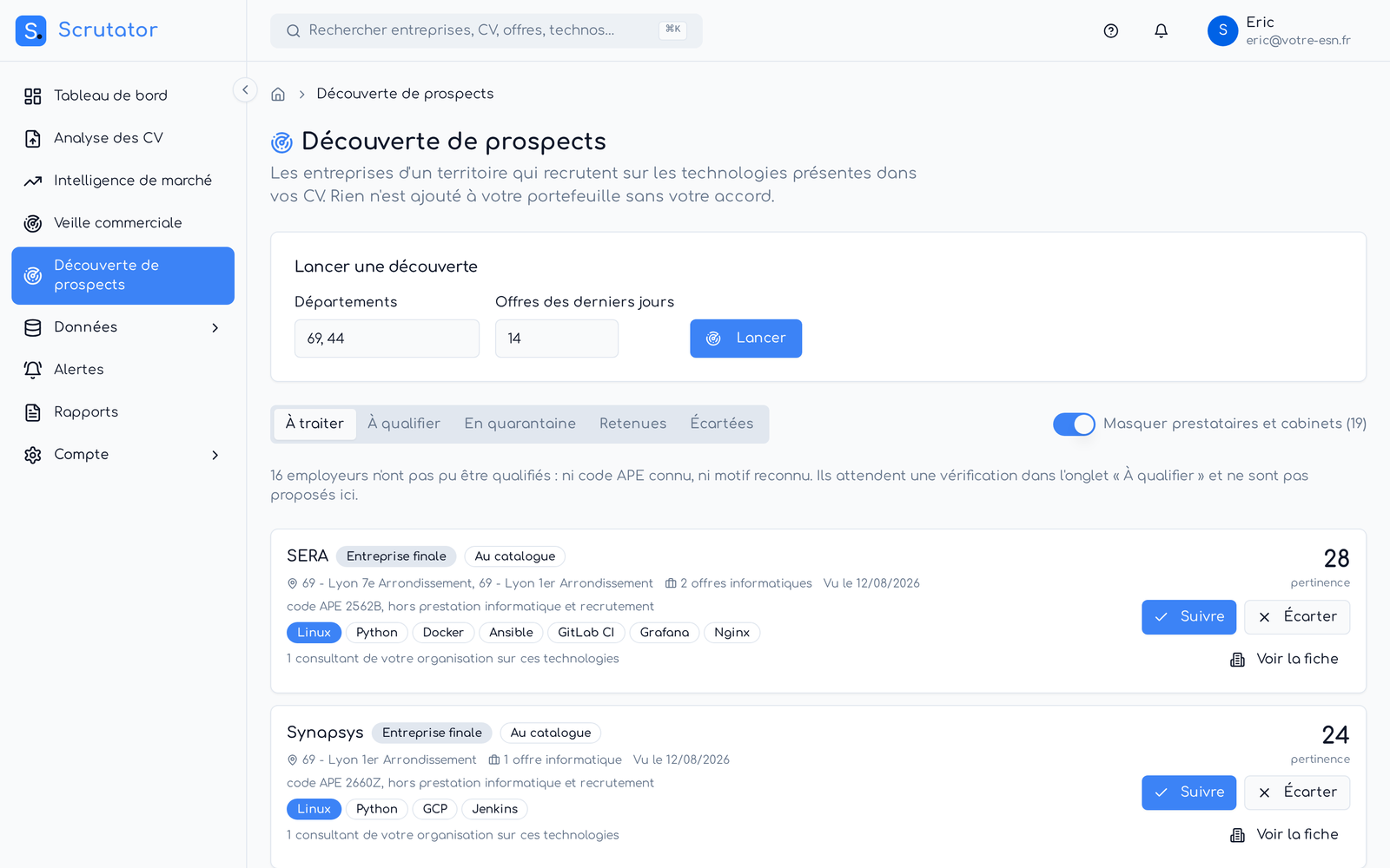 Découverte de prospects dans Scrutator